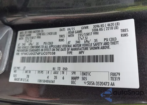 2015 Ford Escape Se from USA, damaged, VIN 1FMCU0G74FUC07038